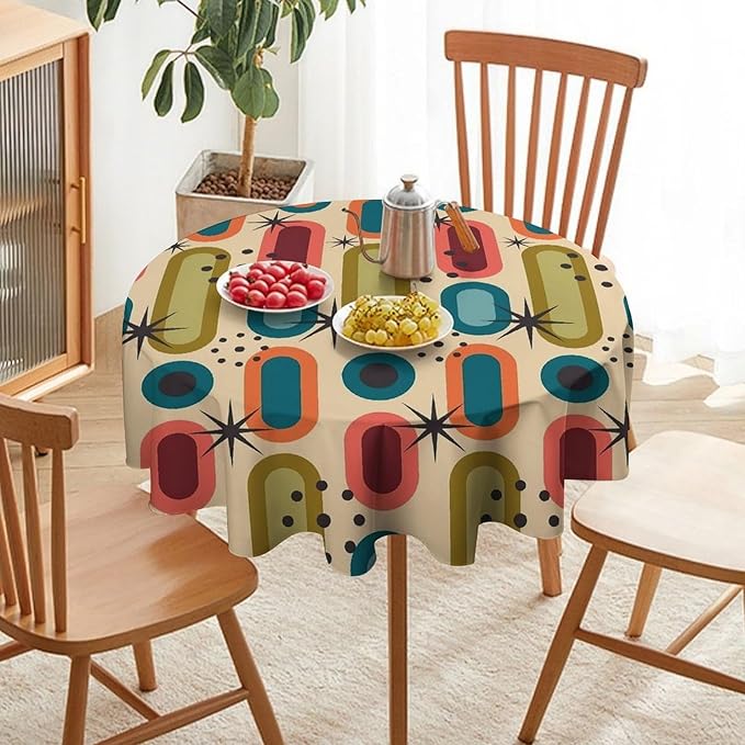 Mid Century Bohemian Round Tablecloth, Modern Medieval Geometric Abstract Print Tablecloth for Home Party Dining Room Kitchen Decor 70Inch(178cm)