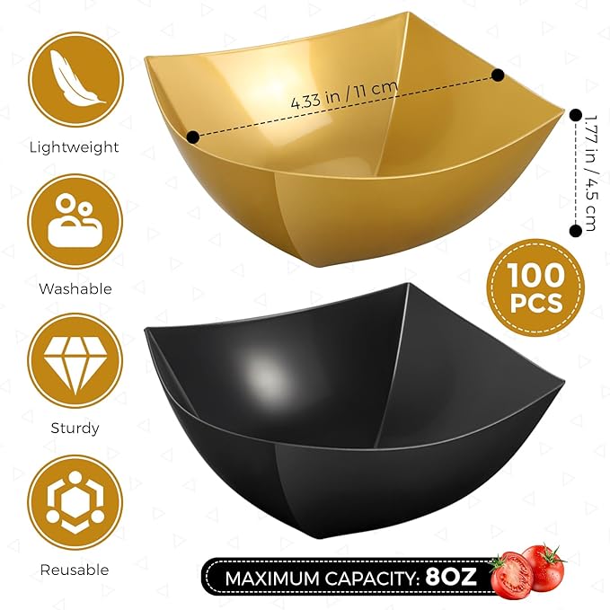 Sliner 100 Pcs Square Plastic Bowls Plastic Serving Bowls Disposable Chip Containers for Parties Snack Fruit Candy Containers for Candy Buffet Salad Bar Buffet Party Supplies (Gold,Black,8 oz)