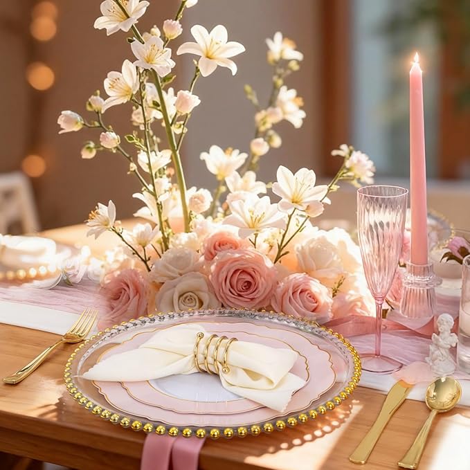 WDF 60pcs Pink Plastic Plates - 10.25inch Baroque Pink And Gold Disposable Dinner Plates for Upscale Parties -Special for Valentine's Party, Wedding, Birthdays