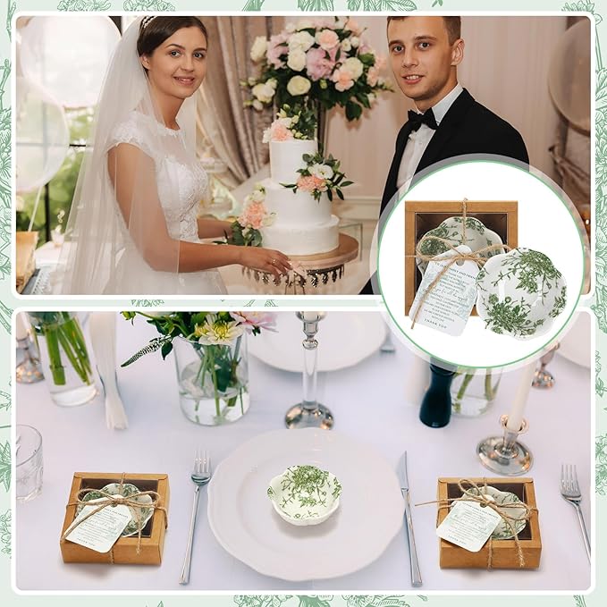 20 Pack Wedding Favors for Guests Small Ceramic Bowls Bulk Gifts Set 3.3 Inch Sage Green Verdure Design Mini Dipping Bowl Sauce Dish with Cards Box for Party Shower Favor Souvenir