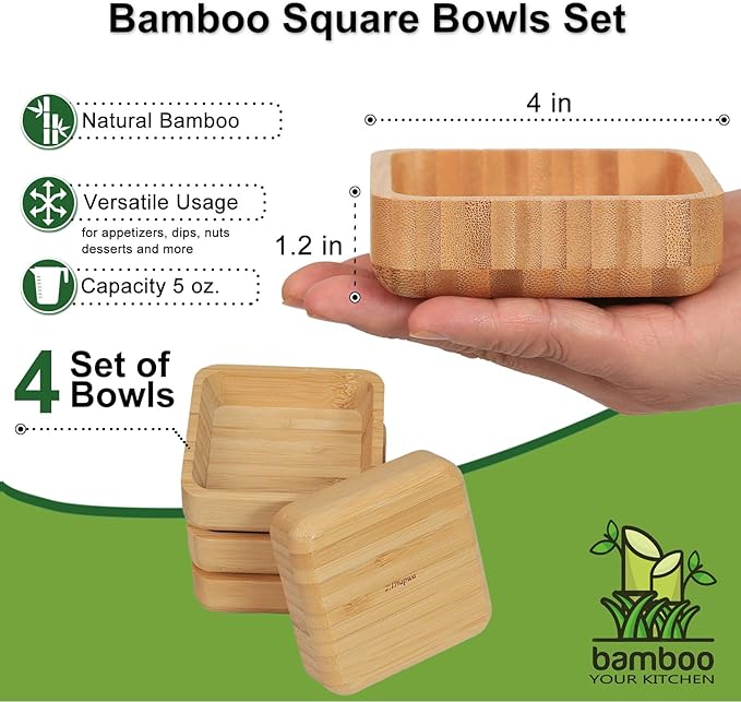 Bamboo Wooden Bowls Set, 4-inch Square Snack Bowls for Appetizers, Dips, Nuts Desserts and More, Small Reusable Wooden Serving Bowl for Dinner Party and Entertaining, Eco Friendly (4 Pcs)