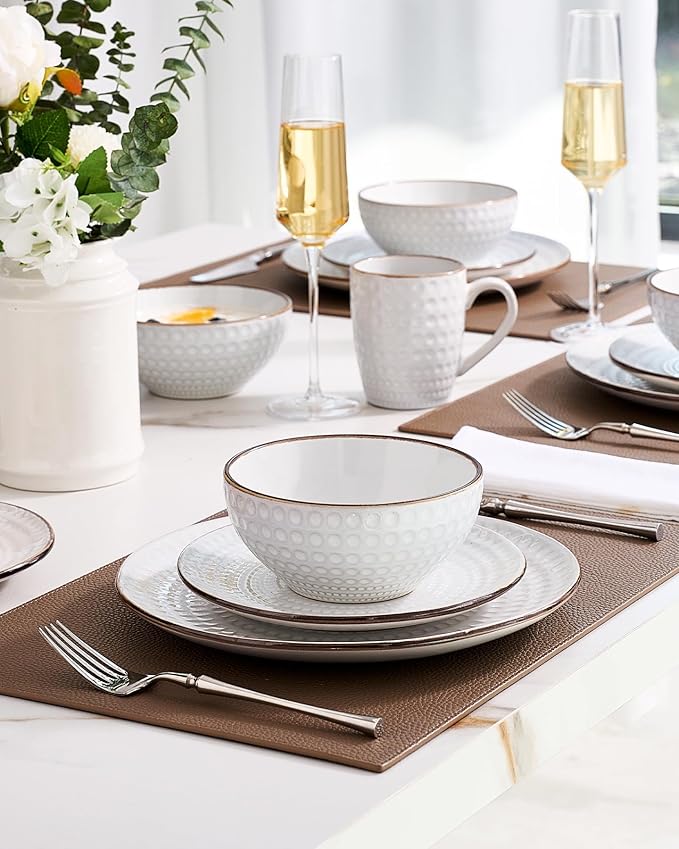 Famiware Eden Plates and Bowls Sets, Stoneware Dinnerware Sets with Gold Trim, 24 Pieces Dishes Set for 8 - Chip and Scratch Resistant, Microwave and Dishwasher Safe, White Circle