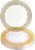 PARTY BARGAINS 13-Inch Charger Plates - 16 Pack, Clear Gold Textured Rim, Heavy-Duty Disposable Chargers for Elegant Dining - Ideal for Weddings and Formal Events