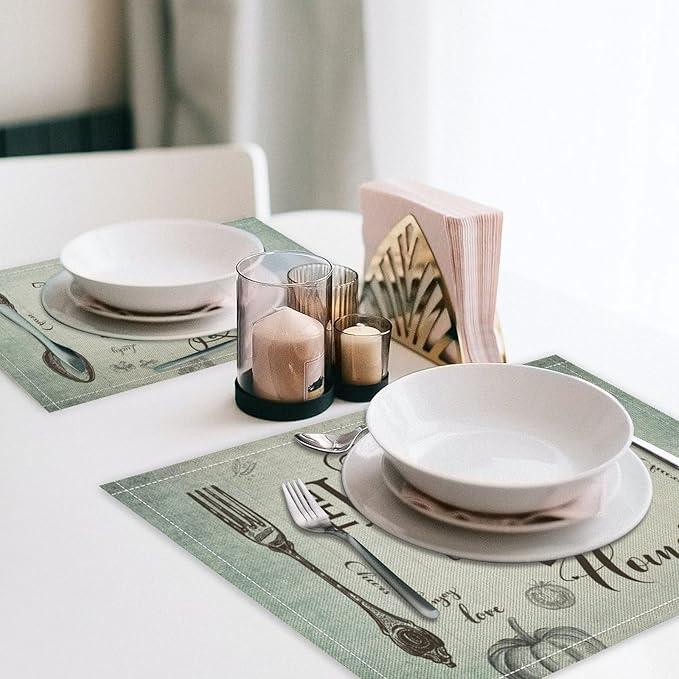 Retro Farmhouse Placemat Set, Minimal Green Gradient Rustic Plank Art Sketch Cutlery Knife Fork Inspirational Quotes Pattern Home Decor Linen Table Mats for Dining Room Kitchen Party (17x12in) x6P