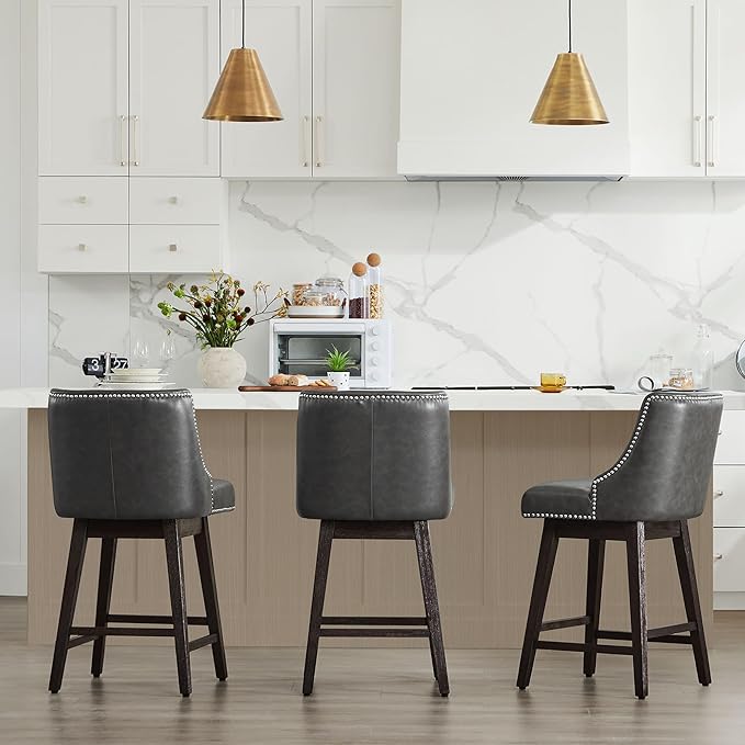 CHITA Counter Height Swivel Bar Stools, FSC Certified Upholstered Counter Stools, Modern Swivel Barstools with Wood Legs for Kitchen Island, 26" Seat Height, Faux Leather in Retro Grey