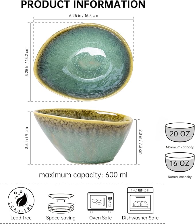 Henten Home Ceramic 20 oz Salad Bowls Set, Slanted Snack Bowl Set of 4, Porcelain Serving Bowls for Soup, Dessert, Microwave & Dishwasher Safe, Reactive Glaze (Green)