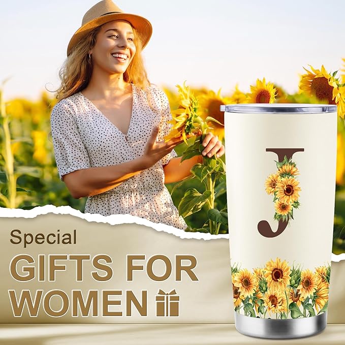 Sunflower Gifts for Women - Personalized Christmas Gifts for Women - Birthday Gift for Woman - Mothers Day Gift for Mom - Monogrammed, Initial 20oz Travel Cup Insulated Tumbler with Lid, J