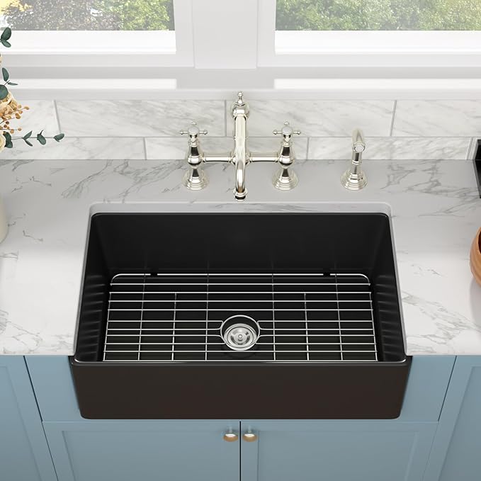 Sarlai Black Farmhouse Sink - 33 Inch Kitchen Sink Apron Front Matte Black Fireclay Ceramic Porcelain Single Bowl Kitchen Farmer Sinks Basin