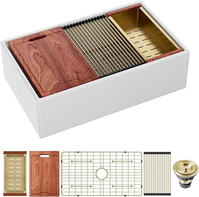 Sarlai 33 White Farmhouse Kitchen Sink - 33x20 Inch Undermount Kitchen Sink Workstation Apron Front Ceramic Fireclay Single Bowl Farmer Sinks Basin With Gold Accessories