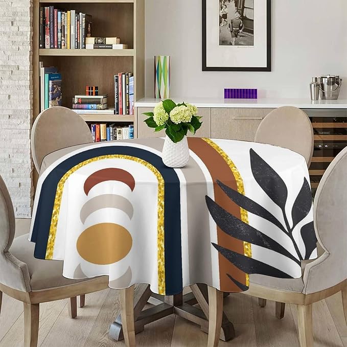 Mid Century Boho Round Tablecloth, Modern Abstract Sun Moon Bohemian Leaves Tablecloth for Home Party Dining Room Kitchen Decor 50Inch(127cm)