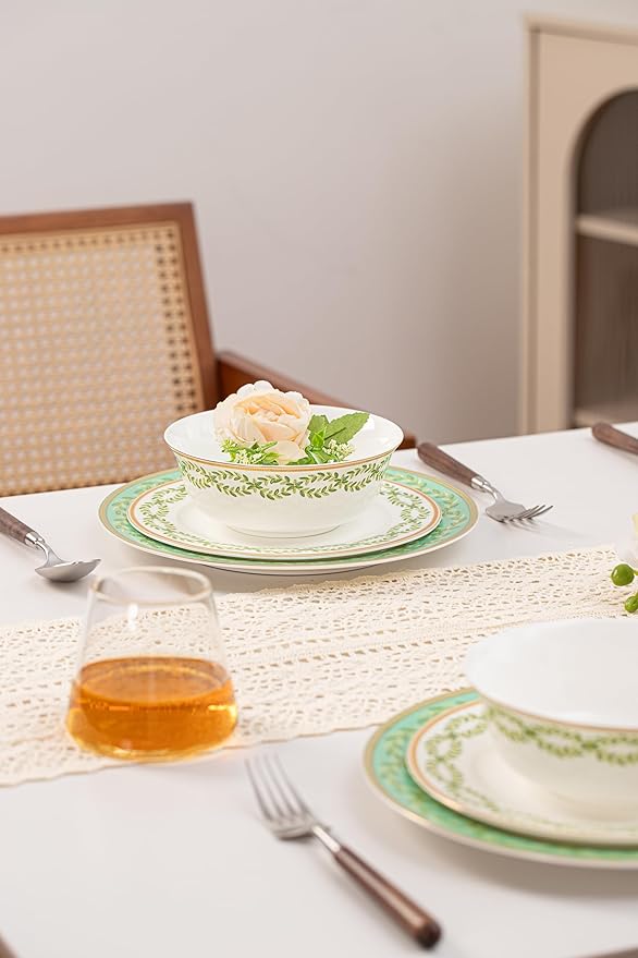 High Bone China Dinnerware Set, 12-Piece Artistic Green Plates and Bowls, Lightweight & Chip Resistant Ceramic Service for 4, Dishwasher Safe Elegant Kitchen Dining