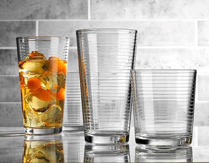 Glaver's Drinking Glasses Set of 12. Everyday Drinking Glasses. Mixed Drinkware Sets 6-17 oz Tall Kitchen Glass Cups, and 6-13 Oz Rocks Glasses. Ribbed Glassware Sets for Cocktail Beer Juice Water.