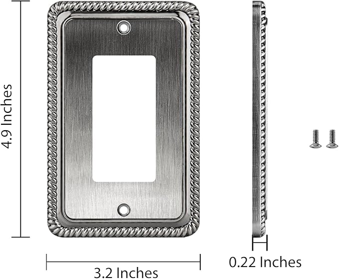 Henne Bery Rope Edge Decorative Wall Plate Switch Plate Outlet Cover (Single Decorator, 3 Pack, Heirloom Silver)