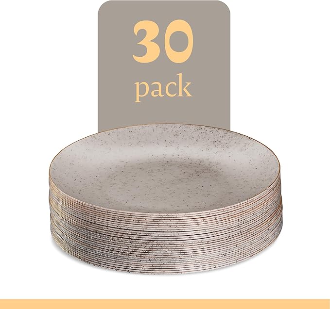 PLASTICPRO 30 Pack Disposable Plastic Plates Heavyweight Granite Look Elegant 9 inch Dinner Plates Grey with Gold Rim
