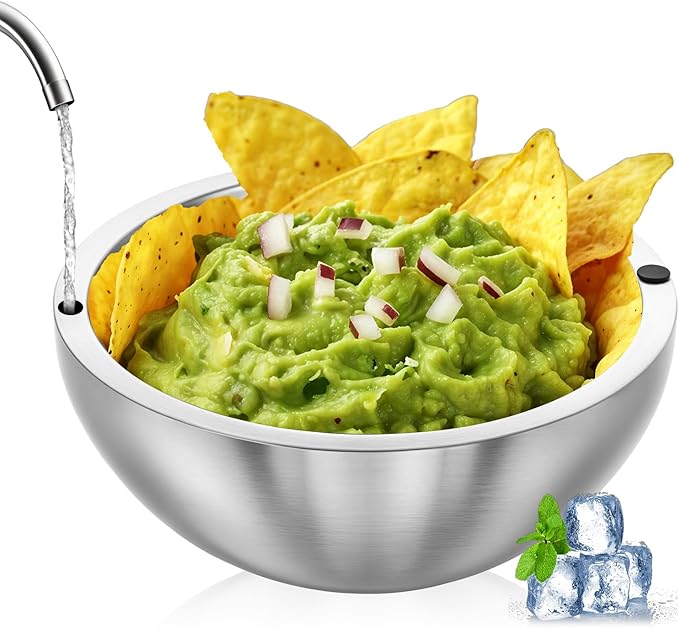 Dip Bowl,Large Heat Insulated Stainless Steel Bowls Ideal for Guacamole Salsa,Double Walled Insulated Cold or Hot Serving Bowl for Parties outdoor(1,35 oz)