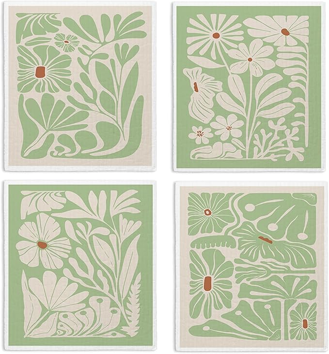 Spring Flower Swedish Dishcloths for Kitchen, Boho Sage Green Swedish Dish Cleaning Cloths for Floral, 4 Pack Dish Towels for Kitchen, Papaya Reusable Paper Towels Washable
