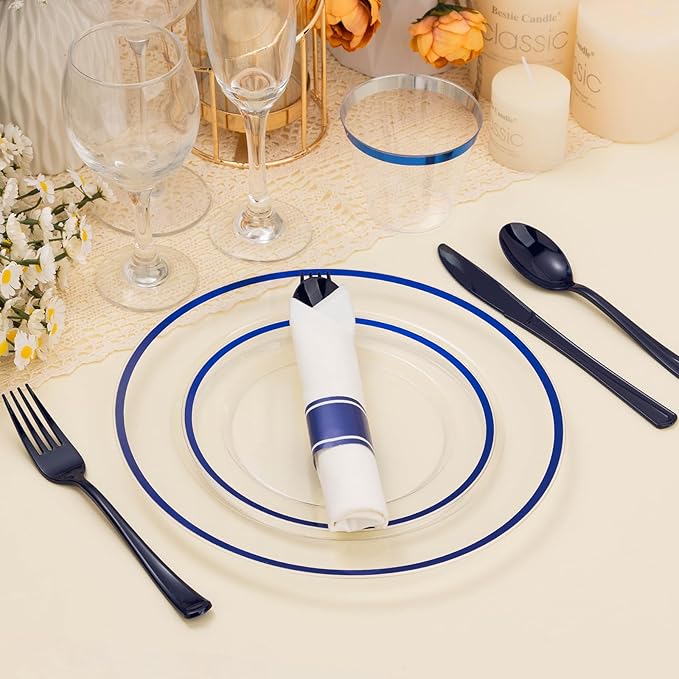 BESTSTAR 350PCS Clear and Blue Disposable Plates Set for 50 Guests, 100 Plastic Plates, 50 Cups, 50 Pre-Rolled Napkins with Plastic Cutlery for Party, Birthday, Thanksgiving, Christmas, Halloween