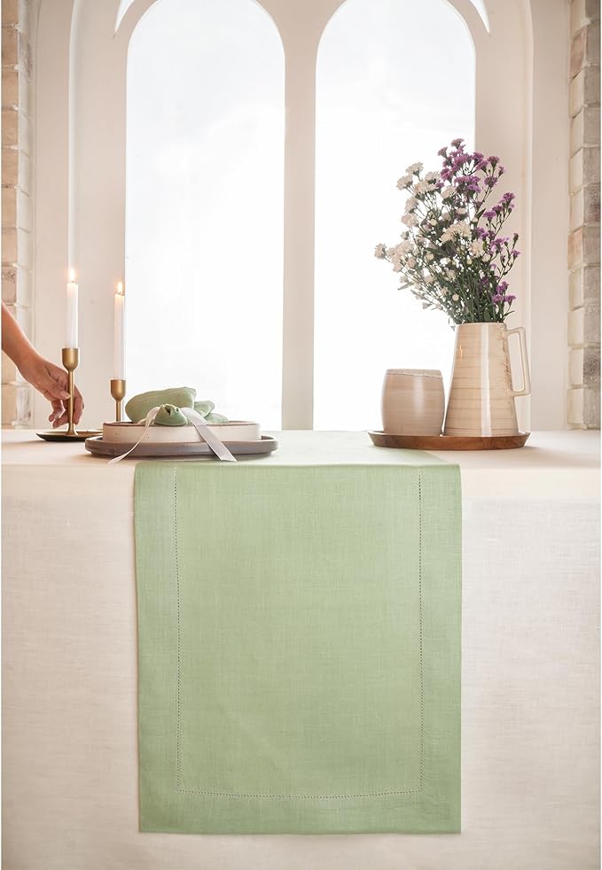 D'Moksha Homes Linen Sage Green Table Runner 36 Inches - 100% Pure Linen Small Table Runner 14 x 36 Inch Ideal for Dresser, Coffee Tables, Spring, St Patricks Day, Easter - Classic Hemstitch