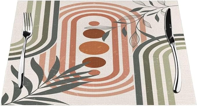 Mid Century Boho Sage Placemats, Abstract Bohemian Mid Century Plant Leaf Rainbow Dots Washable Place Mats 12x18Inch for Dining Kitchen Farmhouse Decor 6 PCS