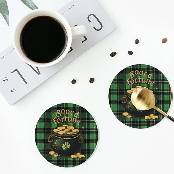 Lucky Coasters for Drinks with Holder Round Leather Coasters Set of 6 Cups Mugs Mat Pad for Home Kitchen Bar