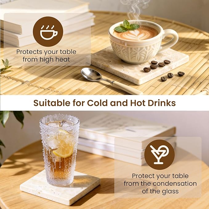 Natural Marble Coasters, Square Costers, Luxury Aesthetic Modern Decor for Coffee Table Bar Kitchen Home, Travertine Marble, Real Natural Semi Absorbent Stone Coasters
