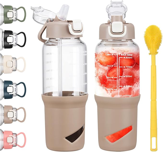 SIEROZUR 32 oz Glass Tumbler with Straw, Glass Water Bottles with 2 Lids-Handle Spout Lid & Straw Lid, 1 Liter Motivational Water Bottles, Silicone Sleeve, Fits Car Cup Holder,Amber