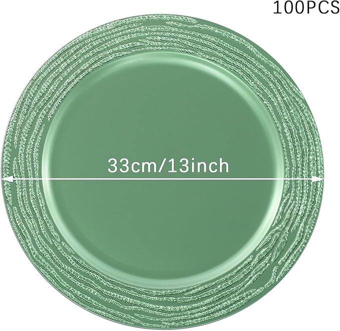 100 PCS Antique Charger Plates Bulk, 13 Inch Round Textured Edge Plastic Dinner Chargers, Bulk Plastic Charger Plates Set for Wedding, Party, Table Decor (Green)