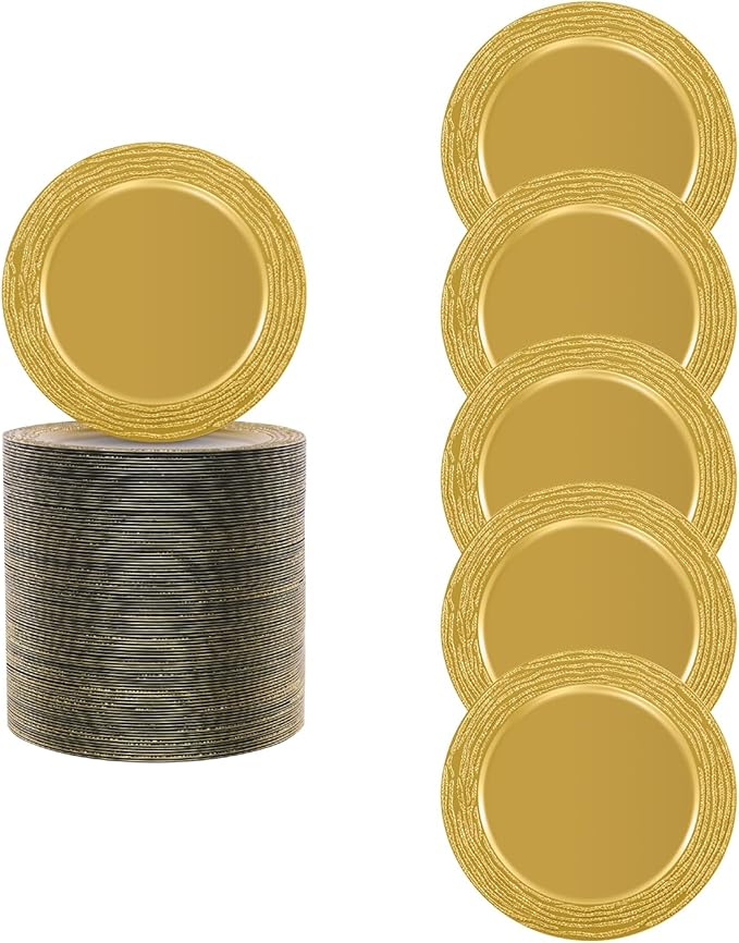 100 PCS Antique Charger Plates Bulk, 13 Inch Round Textured Edge Plastic Dinner Chargers, Bulk Plastic Charger Plates Set for Wedding, Party, Table Decor (Gold)