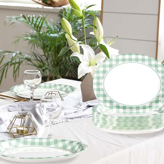 Grencian 50 Pcs Gingham Party Supplies 10"x12" Large Sage Green Gingham Oval Plates Disposable Heavy Duty Green and White Checkered Plaid Paper Plates for Baby Shower Picnic BBQ Birthday Wedding Bride