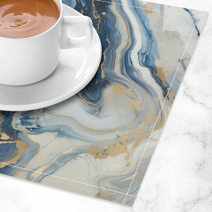 Marble Linen Placemats Set of 2, Modern Luxury Foil Texture Blue White Gold Marble 12x17 Inch Washable Table Mats Non Slip Placemats for Wedding Party Kitchen Banquets Dining Decoration