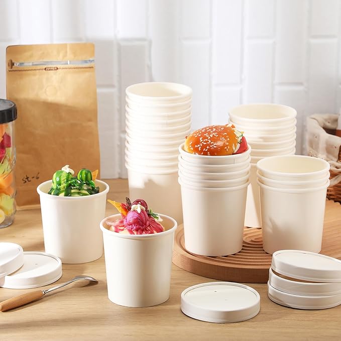 Fulmoon 100 Pack Paper Soup Containers with Lids Disposable Paper Food Containers with Vented Lid Kraft Ice Cream Cake Dessert Cups Soup Bowl for Party Hot Food Fruit Microwave(16 oz,White)