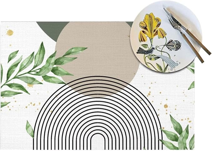 Boho Sage Green Placemats Abstract Bohemian Mid Century Modern Gold Leaves Plant Olive Grey Minimalist Washable Place Mats 12x18Inch for Dining Kitchen Farmhouse Decor 4 PCS