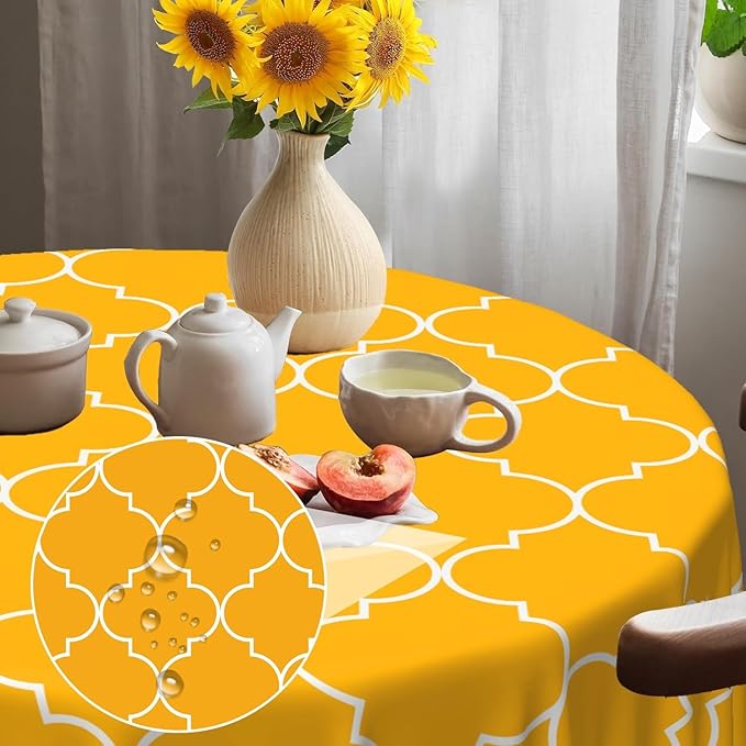 Laeacco 70 Inch Morocco Round Tablecloth Orange Geometric Lattice Modern Abstract Art Print Table Cloth Washable Waterproof Wrinkle Free Table Cover for Kitchen Dining Picnic Party Decoration