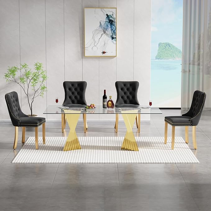 5 Piece Glass Dining Table Set,70" Dinner Room Glass Table Set for 4,Modern Kitchen Dinner Table Set with Stainless Steel Base and 4 Upholstered Velvet Dining Chairs for Living Dining Room