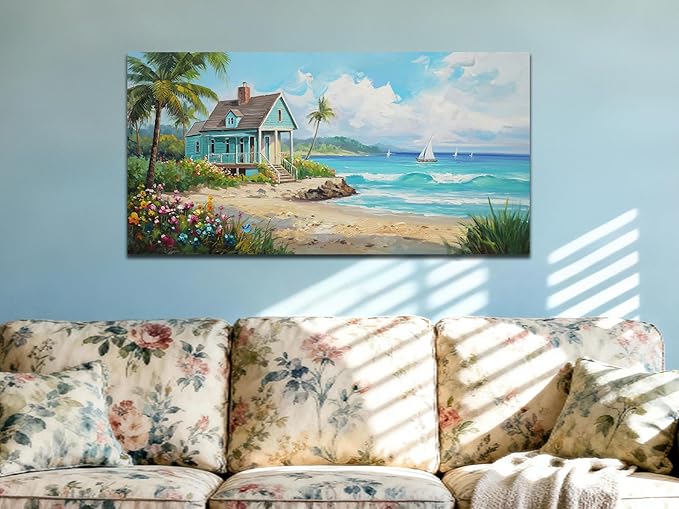 Anolyfi Tropical Canvas Wall Art for Living Room, Palm Tree Nature Coastal Seascape Painting Wall Decor Textured Artwork for Bedroom Hallway Kitchen Office Home Decor 48"x24"