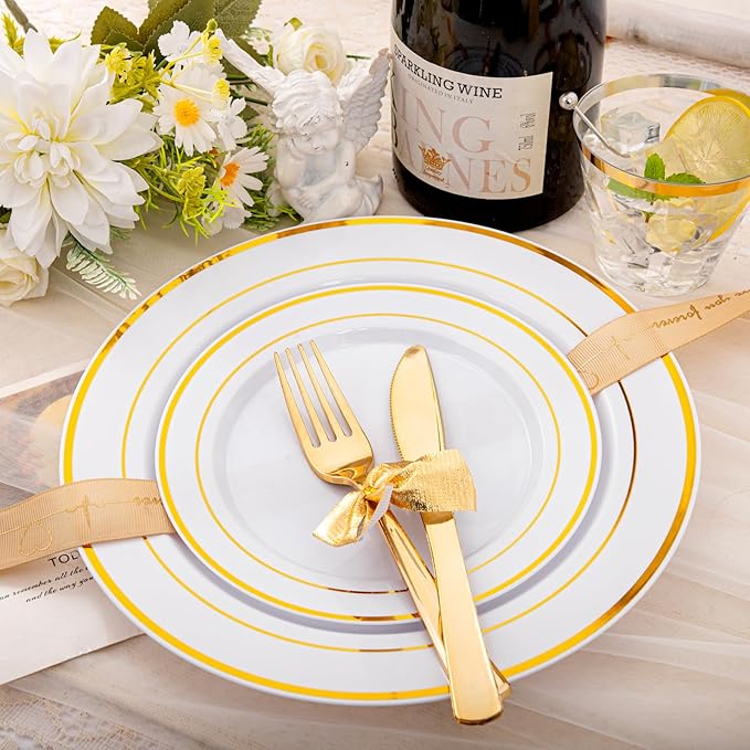 bUCLA 600Pcs White and Gold Plastic Plates - Gold Disposable Dinnerware Set for 100 Guests Include 100 Dinner & 100 Dessert Plates, 100 Cups, 100 Forks, 100 Spoons, 100 Knives for Party