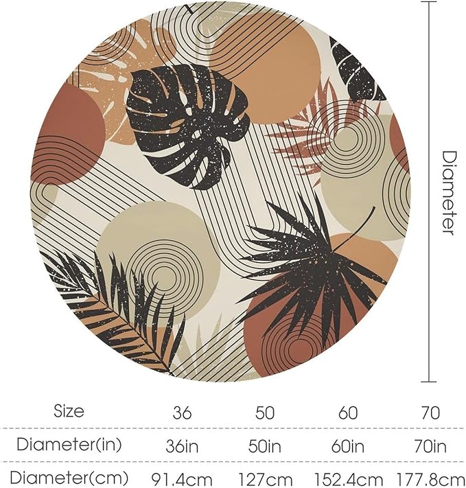 Boho Medieval Abstract Leaves Round Tablecloth, Mid Century Modern Bohemian Style Print Tablecloth for Home Party Dining Room Kitchen Decor 50Inch(127cm)