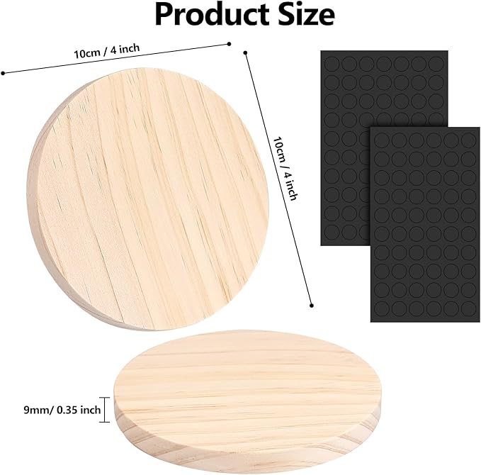 Adrattnay 32Pcs Unfinished Wood Coasters, 4" Round Wooden Coasters Tabletop Protection with Non-Slip Dot for Drinks, 9mm Blank Wood Coasters Bulk for Laser Engraving Painting Wood Burning Crafts