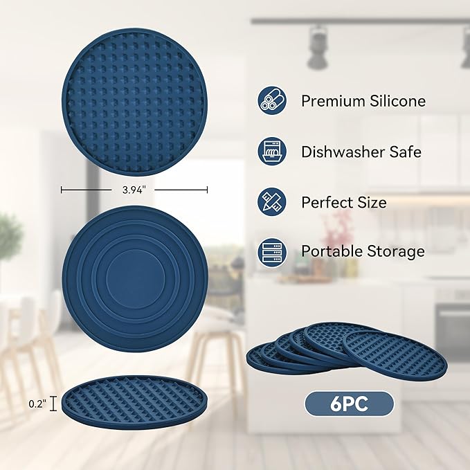 Coasters for Drinks, Silicone Coasters Set of 6 with ABS Holder, Outdoor Coaster for Coffee Table, Non-Slip Rubber Table Cup Mat Desk, Heat Resistant & Scratch-Proof (Navy Blue)