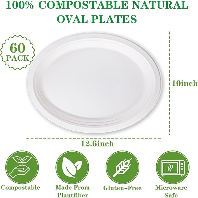 DaYammi 100% Compostable Oval Paper Plates 12 Inch, 60-Pack Heavy Duty Paper Plates Bulk,Biodegradable Bagasse,Eco-Friendly Disposable Dinner Plate for BBQ,Picnic,Party (BPI Certified,Microwaveable)