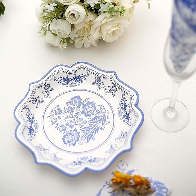 50 Pack 8" Light Blue French Toile Dessert Plates, Disposable Round Paper Floral Pattern Appetizer Salad Plates 300 GSM for Party Decoration