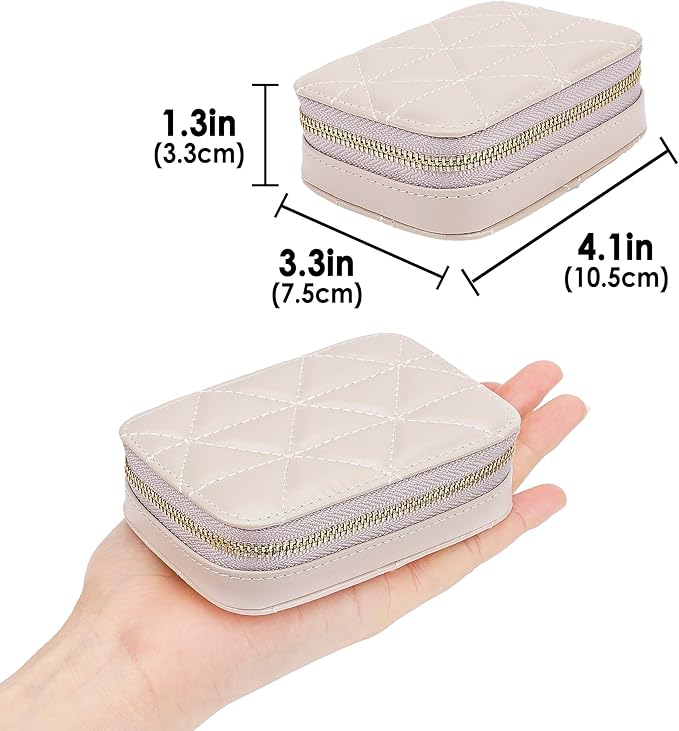 Lipstick Holder with Mirror for Purse, Genuine Leather Makeup Case, Compact Zippered Travel Cosmetic Organizer, Beige