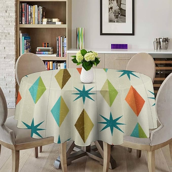 Mid Century Round Tablecloth, Modern Colorful Abstract Geometric Retro Art Printed Tablecloth for Home Party Dining Room Kitchen Decor 36Inch(90cm)