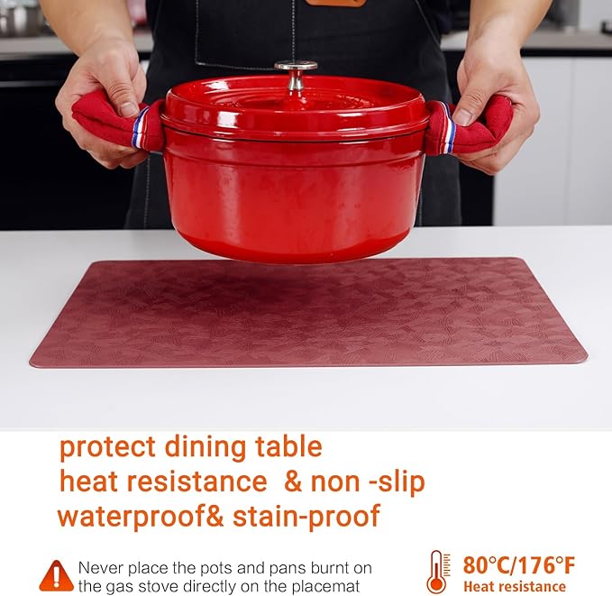Vinyl Placemats Set of 12 Heat Resistant Easy Clean Non-Slip Place Mats for Dining Table Faux Leather Waterproof Stain Resistant Wipeable Washable PVC Table Mats(12, Red)