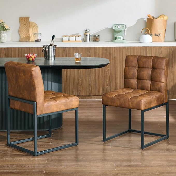 Coffee Faux Leather Dining Chairs Set of 2, Mid-Century Modern Dining Room Chairs with Armless, Checkered Kitchen Chair with Metal Legs