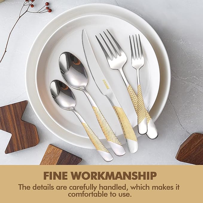 30-Piece Silverware Set, Luxury Gold Silverware Kitchen Flatware Sets Service for 6, Premium Cutlery Utensil Set with Dinner Knife Spoon Fork Set, Durable Stainless Steel Tableware Sets
