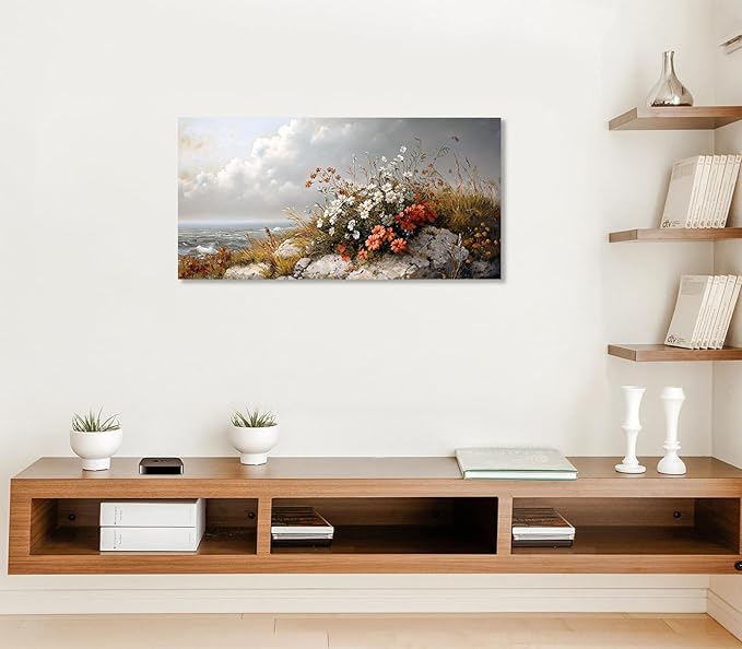 ADJUVANT Wall Art Vintage Coastal Floral Scene 48"L x 24"W, Seaside Wildflowers By The Ocean Canvas Painting Nature Artwork Coastal Blooms Prints Botanic Decor for Living Room Bedroom Bathroom Home Office