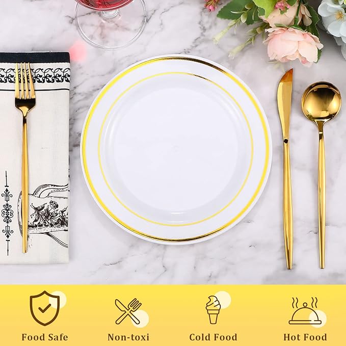 Sieral 200 Pieces Disposable Plates Plastic Party Plates with Rim Hard Plastic Appetizer Salad Dessert 7.5 Inch Elegant Heavy Duty Tableware for Dinner Wedding Party Supplies(Gold Rim)