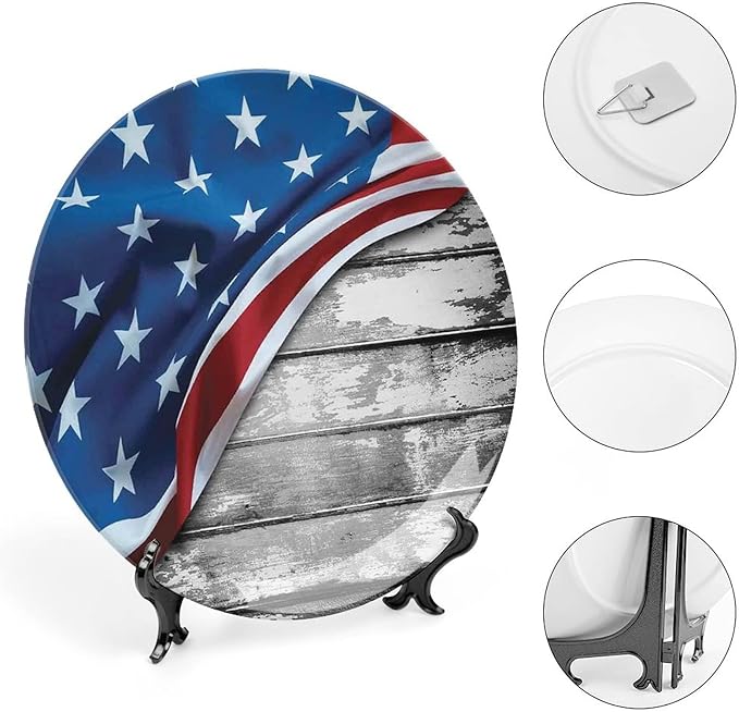 Ceramic Display Plate, American Flag Decor Ceramic Hanging Decorative Plate, Flag Over Antique Rustic Rippled Board, 10 Inch, Living Room Kitchen Decoration Household, Grey Navy