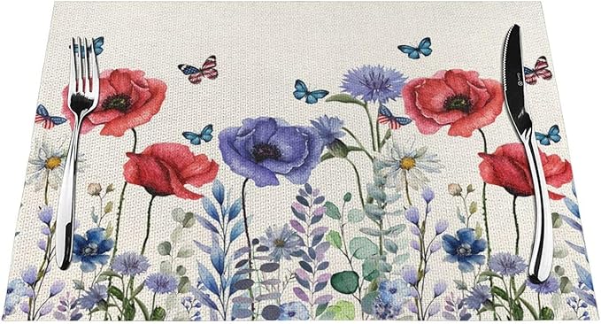 Independence Day Floral Placemats 12x18 Inches Set of 4, 4th of July Blue Red Flower Placemats Summer Decorative Rectangle Modern Table Mats for Party Home Kitchen Dining Table Decoration